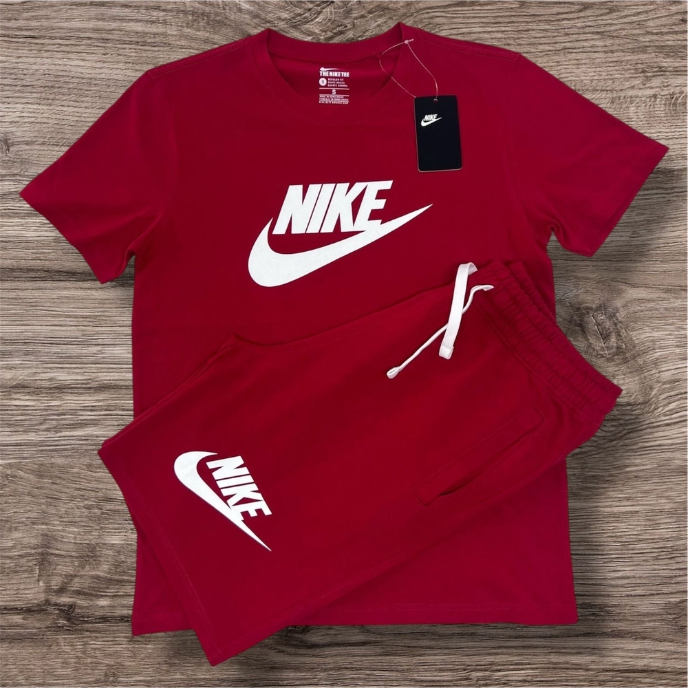 Red Nike Logo Tee and Shorts Set